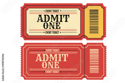 Event tickets, admit one, ticket stubs, red and yellow, vector icons