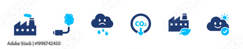 Industrial emissions icon set. pollution, factory, environment, carbon, waste. solid style icon collection.