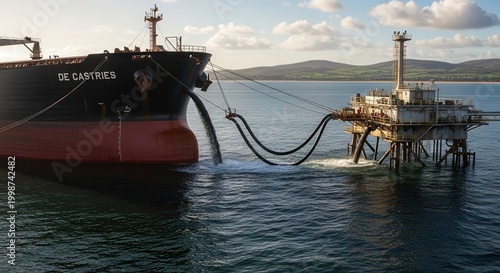 Large Oil Tanker Loading at Offshore Platform Under Blue Skies.