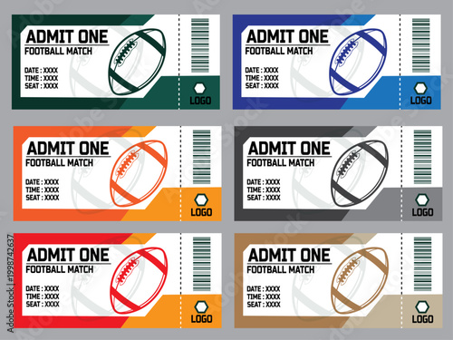 American football match tickets, colorful admit one stubs vector