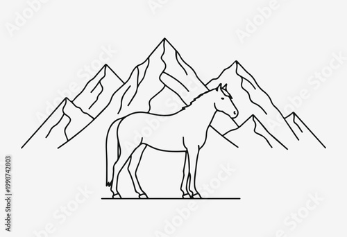 Horse and mountains line art illustration.
