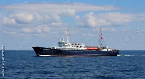 Large Passenger Ferry Sailing Across Open Blue Ocean Waters.