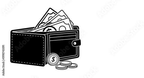 Black wallet with cash and coins illustration for financial concept