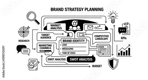 Brand strategy planning infographic for business and marketing analysis