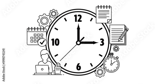 Clock with office and business icons time management and planning