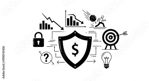 Financial protection concept shield with dollar symbol and business icons