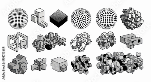 Φωτογραφία Abstract 3D geometric shapes and spheres in a black and white isometric style