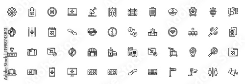 Airport icon set. Vector symbols for travel, security, luggage, check-in, departure, signage and more. Minimal outline icons collection.