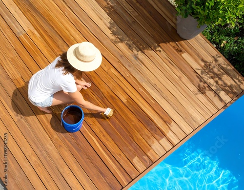 Person with hat and paint brush varnishing wooden deck by pool. Blue bucket and potted plant are visible, sunny day