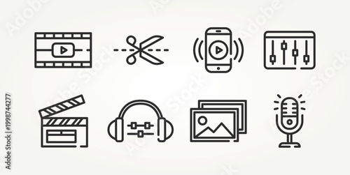 minimalist set of youtube content creator & streaming line art icons vector illustration design. video editing, podcast, vlog and more