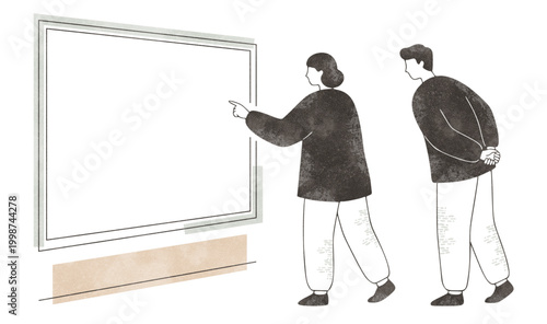 アイデアや情報の共有。画面を指差して相談する男女の水彩イラスト