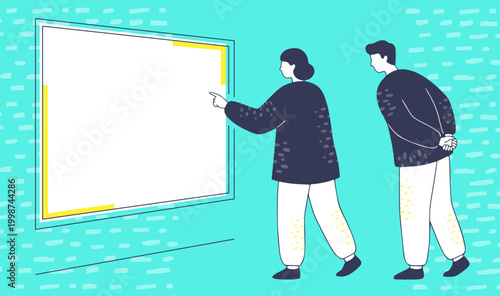 アイデアや情報の共有。画面を指差して相談する男女のミニマルイラスト