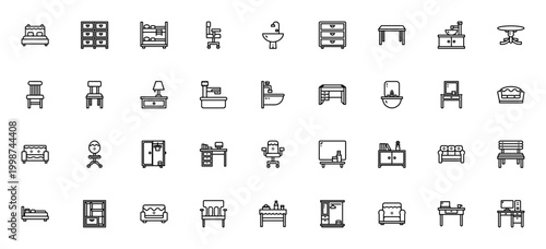 Furniture icon set. Minimal vector icons pack. Includes bed, sofa, chair, table, cabinet, desk, wardrobe, sink and more. Editable stroke.