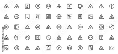UK road signs icon set. Vector traffic symbols collection. Includes merge, junction, speed limit, roundabout, warning, direction, motorway and more. Editable stroke.