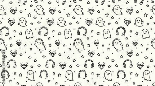 Cute monochrome seamless Halloween ghost and skull pattern background.