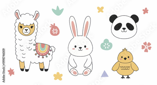 Adorable cartoon animals collection featuring llama, bunny, panda, and chick.