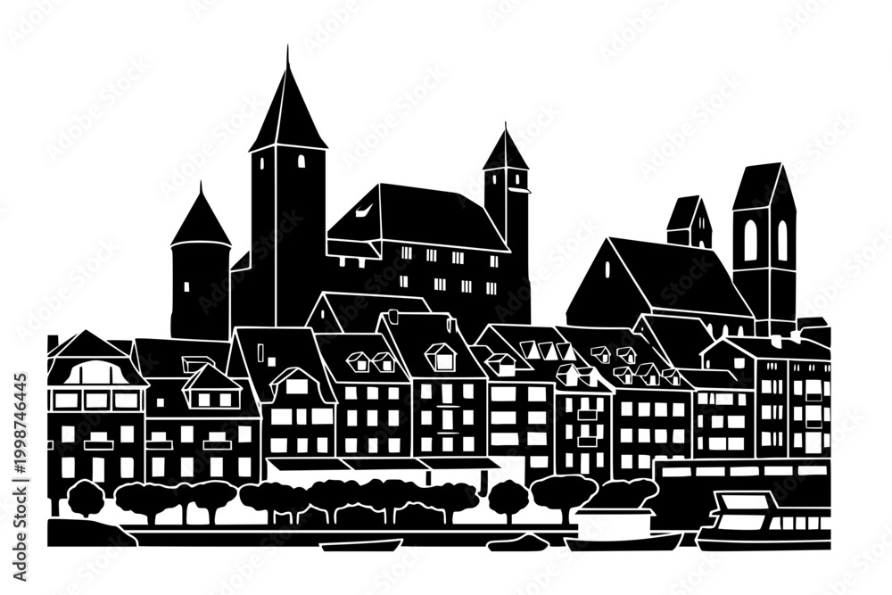 Fototapeta premium Minimalist vector illustration of an old town skyline featuring a castle, church, and riverside boats. Stylized graphic for travel, historical, and architectural design projects.