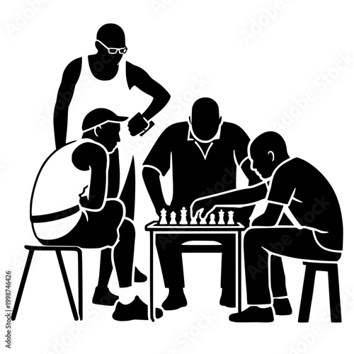 Group of men playing street chess with spectators watching intensely, urban outdoor board game scene bold black silhouette illustration isolated on background