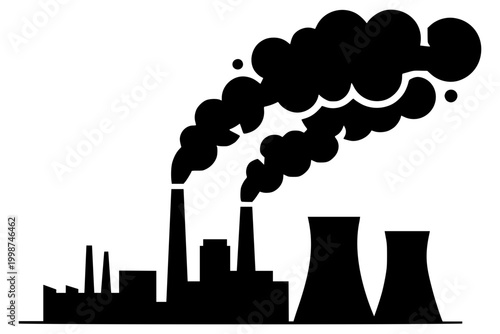 Black vector graphic of an industrial factory with smoke emitting from chimneys.