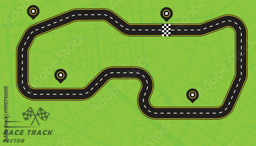 Creative vector illusion of race track or road symbol isolated on green background.