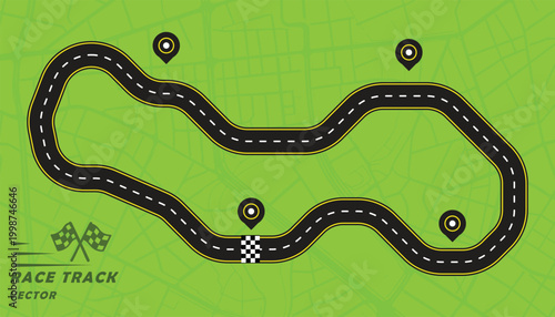 Creative vector illusion of race track or road symbol isolated on green background.