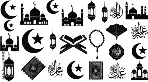 Set of islamic religious elements in black silhouette isolated on white background