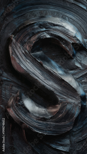 Thick brush strokes create a swirling dark abstract art piece up close.