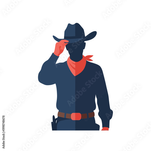 Minimalist vector illustration of a cowboy silhouette tipping his hat, wearing a navy blue outfit with a red neckerchief, belt buckle, and gun holster, isolated on a white background.