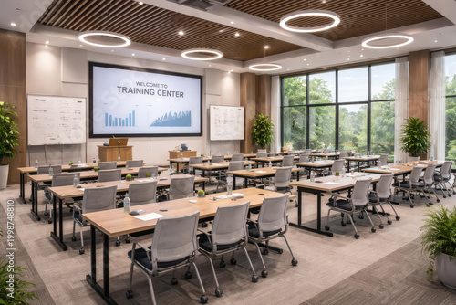 Modern training center setup with tables, chairs, and a presentation screen.