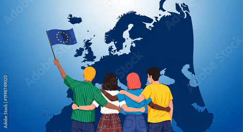Diverse group of young people holding a European Union flag with a map of Europe in the background, symbolizing unity and cooperation