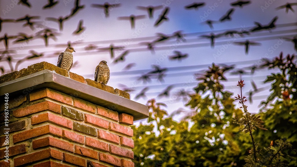 Fototapeta premium Cooper's hawks (Accipiter cooperii) hunting Vaux's swifts on a chimney right in the middle of Portland, USA. 