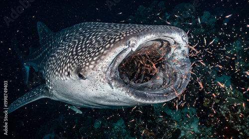 Fotografie Close up portrait of Whale Shark (Rhincodon typus) with open mouth, feeding krill in the night, Great Barrier Reef, Australia