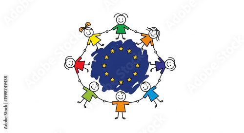 Vibrant illustration of diverse children forming a joyful circle around a star-filled emblem, symbolizing global unity, friendship, and collaborative future generations in Europe