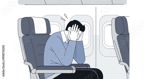 Man feeling stressed on airplane seat.