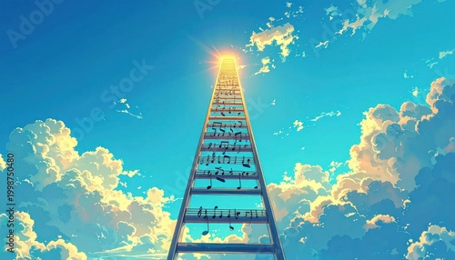 Ladder Reaching Towards Bright Blue Sky.