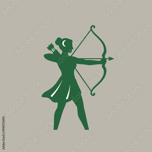 Artemis Greek Goddess Silhouette with Bow and Arrow Vector Icon eps