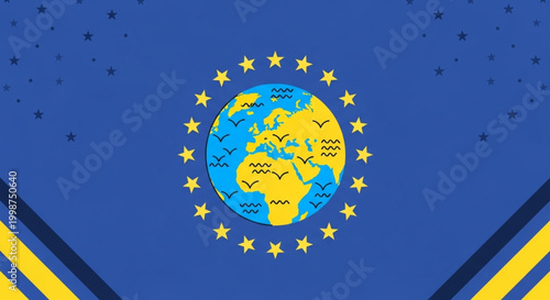 Europe Day European Union flag stylized with globe and birds, symbolizing unity and freedom in a global context