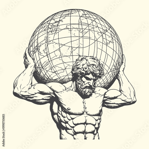 Atlas holding the globe with muscular physique mythological figure artwork muscular mythology strength athletic powerful illustration monochrome detailed carrying shoulders patriarchal