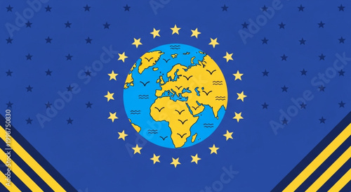 Global unity and international cooperation represented by a stylized earth with birds flying around a circle of stars on a blue background with diagonal stripes