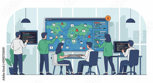 Team analyzing global network data on large screen illustration