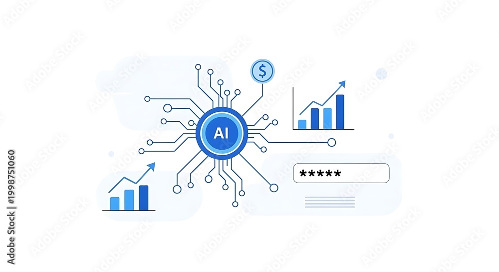 Fototapeta premium Artificial intelligence central hub integrates with ascending financial graphs and currency symbols. Sharp focus on digital circuitry and analytical data. Perfect for fintech presentations.