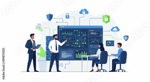 Team analyzing data visualization and cybersecurity information