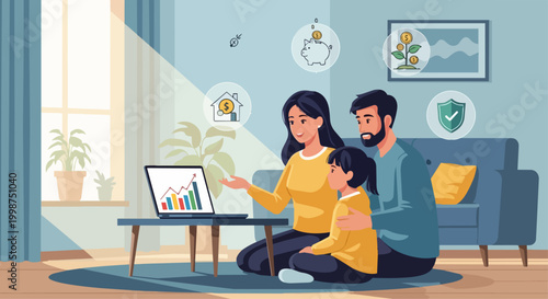 Family financial planning illustration with icons and data
