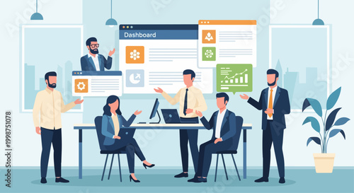 Business team collaboration and data analysis presentation