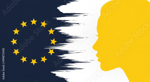 European Union flag in contrast with a female silhouette, symbolizing women's rights and equality within the EU