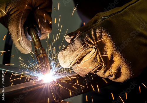Close-up of industrial welder hands in protective gloves welding metal with sparks