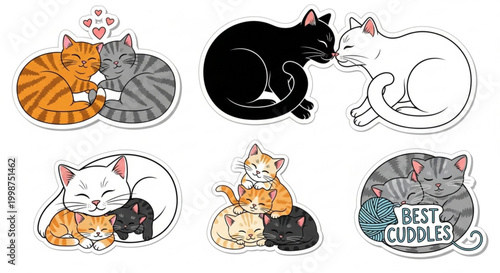 Cuddling cat pairs in various affectionate poses with hearts and best cuddles text