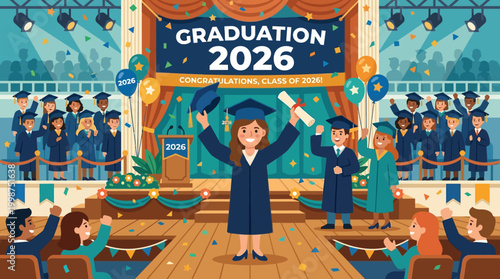 Joyful Class of 2026 graduates celebrate academic achievement on a brightly lit stage with proud family and friends, marking a memorable milestone and new beginnings