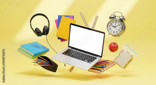 Levitating School Supplies and Laptop on Yellow Background.