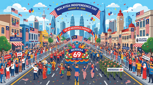 Vibrant city parade celebrating national independence and cultural unity, with diverse communities showcasing traditional heritage and patriotism in a festive urban setting
